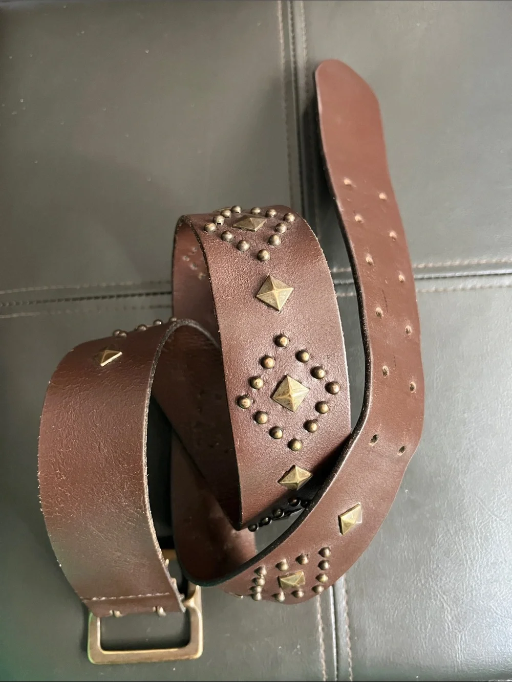 GAP 1990s Brown Leather Made in USA Studded Belt with Brass Accents Medium